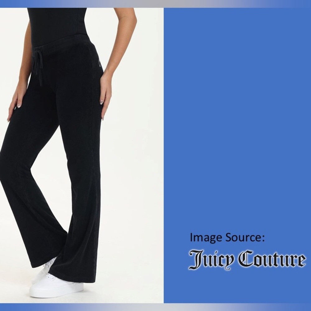 Black flare terry wide leg Juicy Couture pants with rhinestone logo, tie front